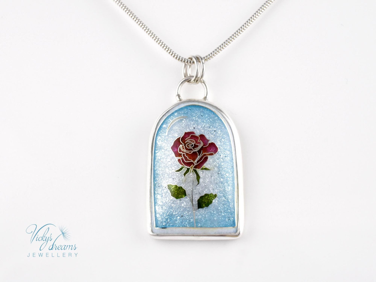 Handcrafted cloisonné enamel The Little Prince rose pendant on sterling silver