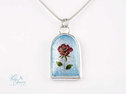 Handcrafted cloisonné enamel The Little Prince rose pendant on sterling silver