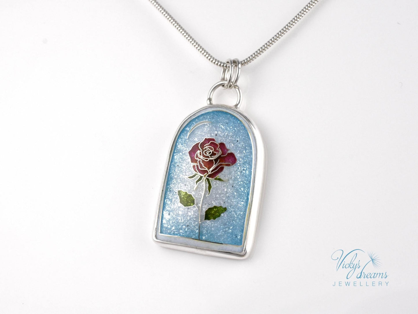 Handcrafted cloisonné enamel The Little Prince rose pendant on sterling silver