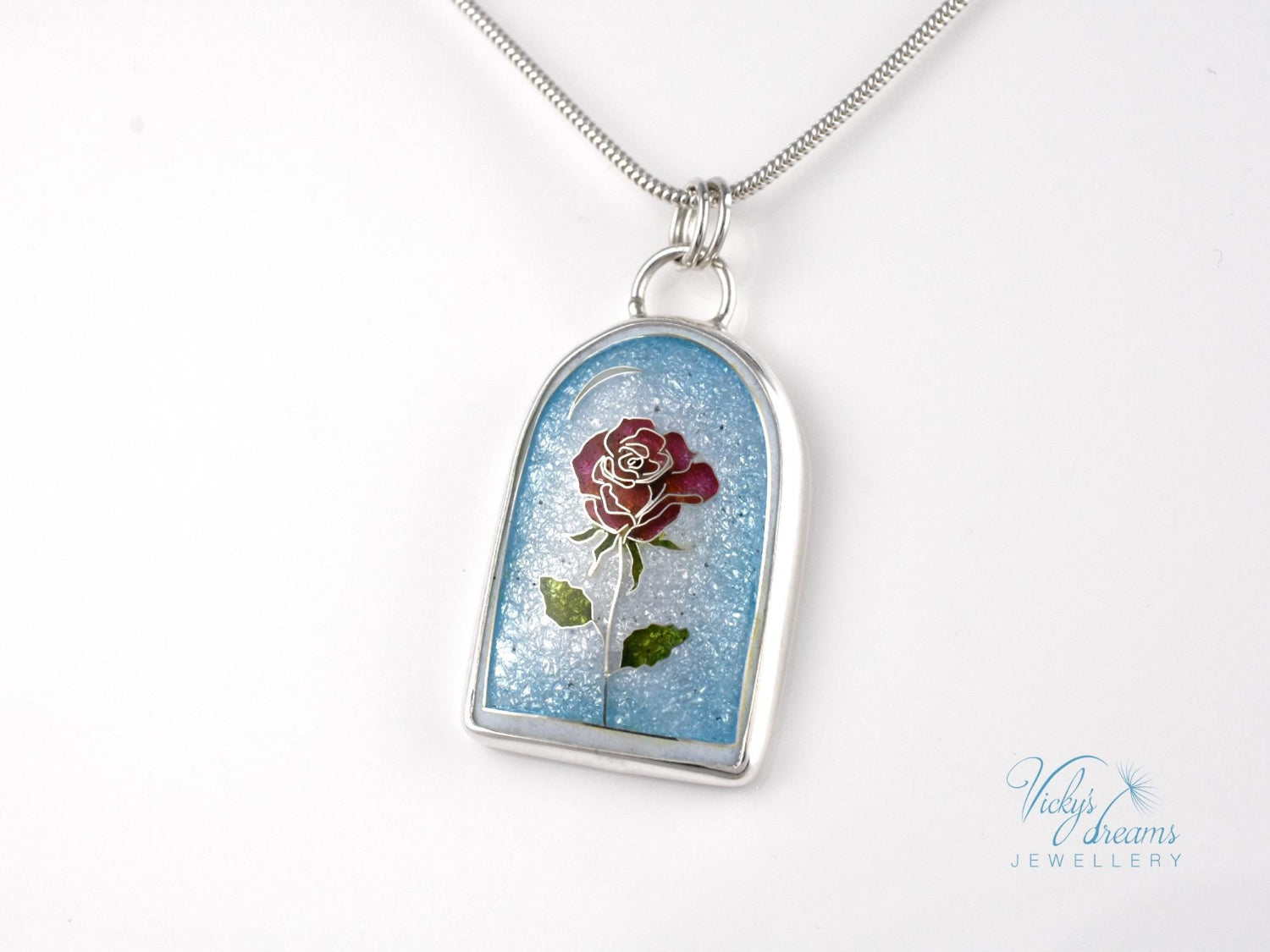 Handcrafted cloisonné enamel The Little Prince rose pendant on sterling silver