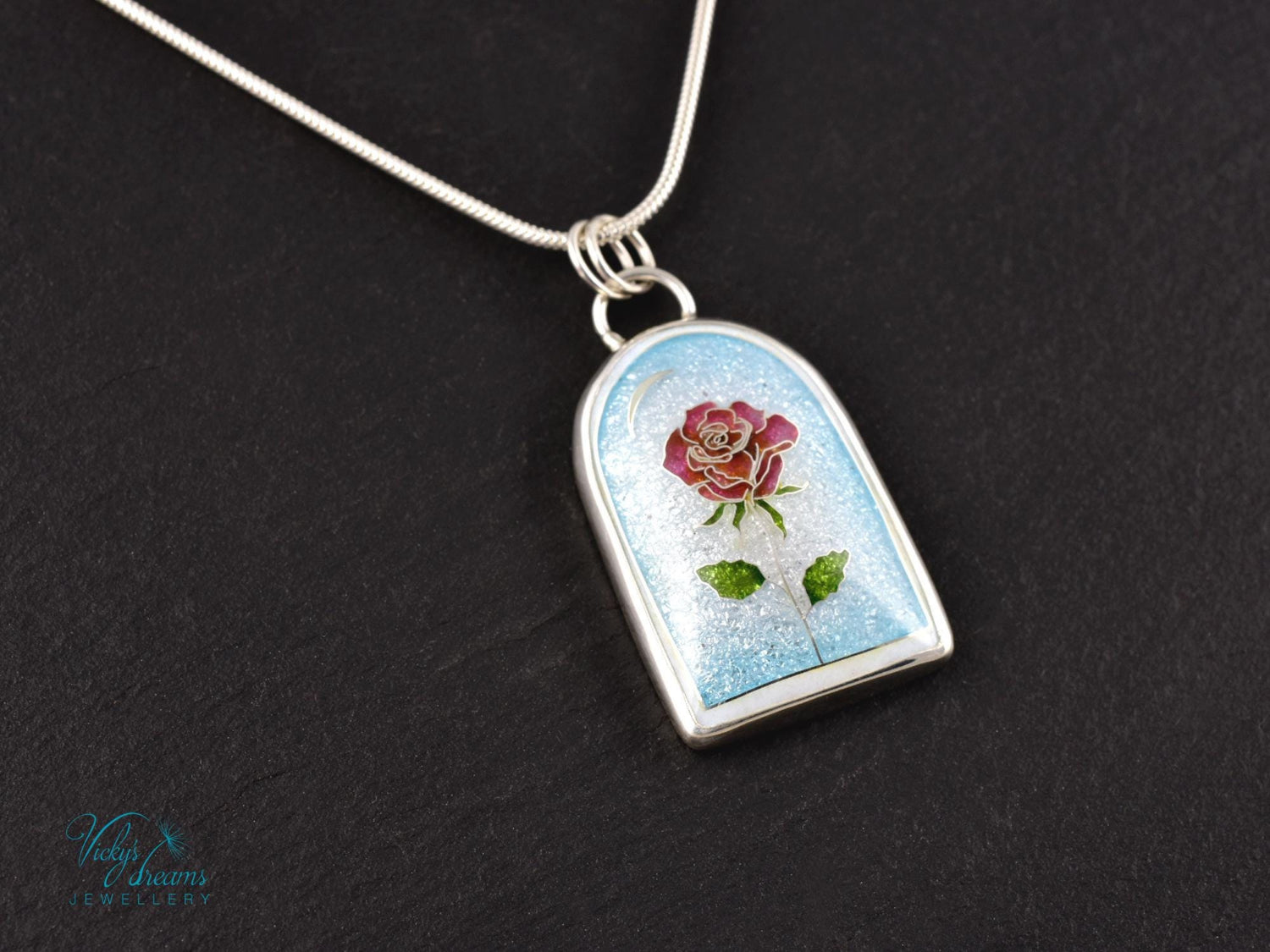 Handcrafted cloisonné enamel The Little Prince rose pendant on sterling silver
