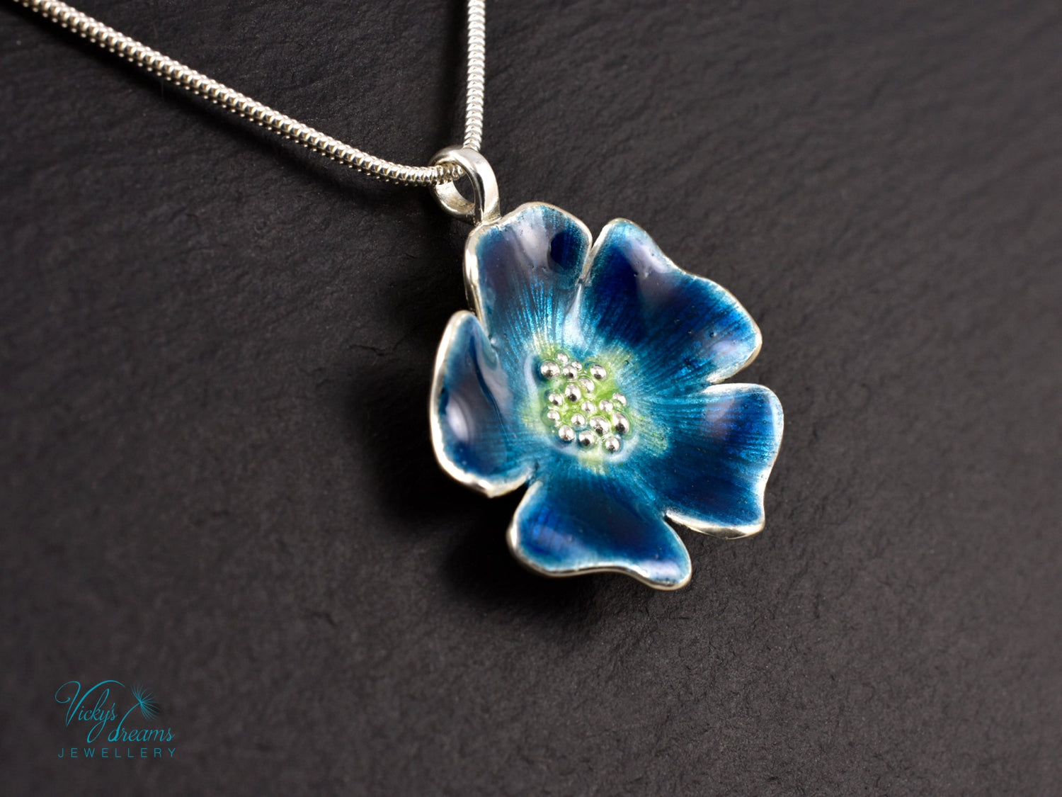 Handmade cloisonné enamel blue flower pendant on sterling silver necklace
