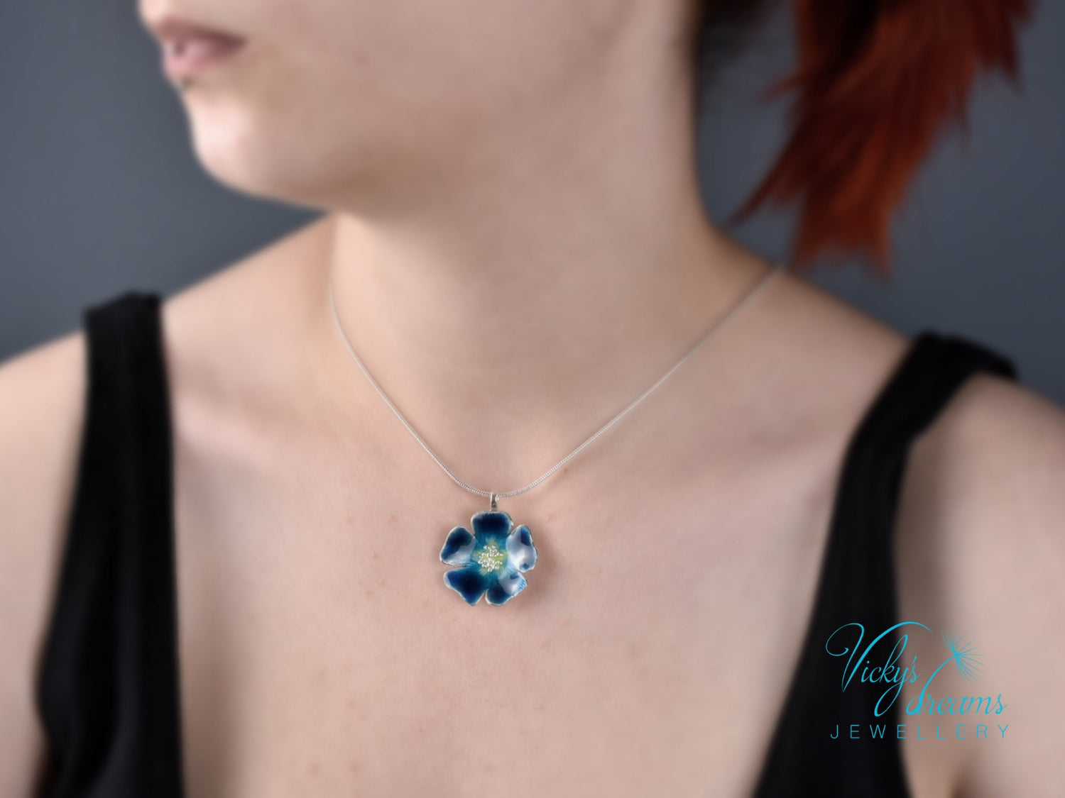 Handmade cloisonné enamel blue flower pendant on sterling silver necklace