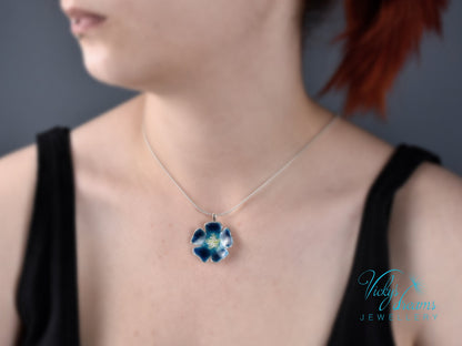 Handmade cloisonné enamel blue flower pendant on sterling silver necklace