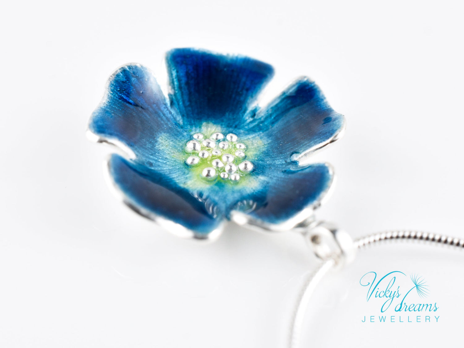 Handmade cloisonné enamel blue flower pendant on sterling silver necklace