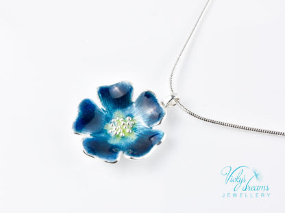 Handmade cloisonné enamel blue flower pendant on sterling silver necklace
