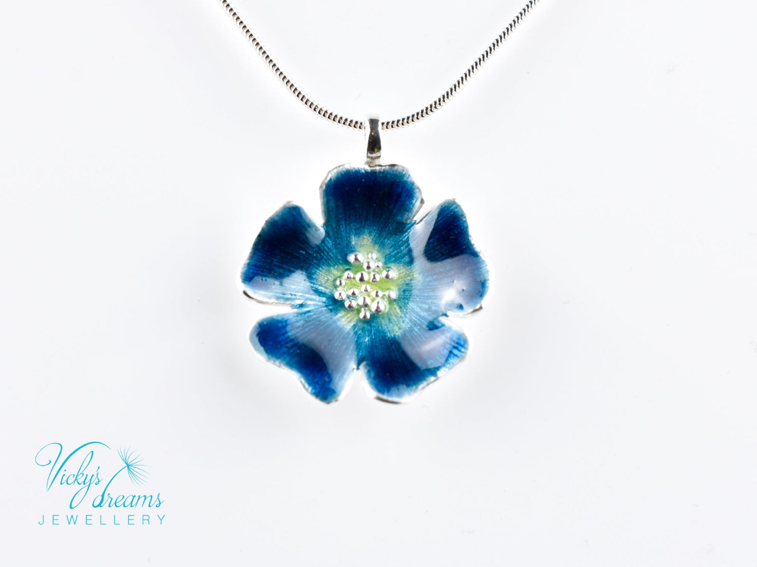 Handmade cloisonné enamel blue flower pendant on sterling silver necklace