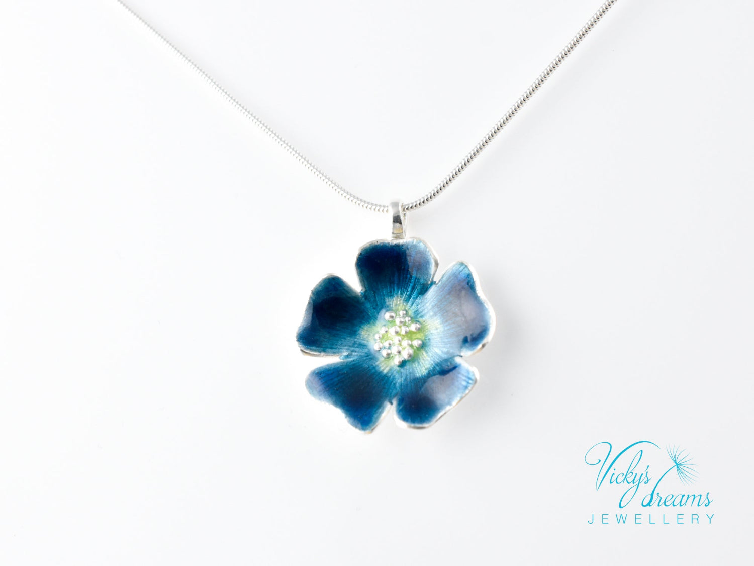 Handmade cloisonné enamel blue flower pendant on sterling silver necklace