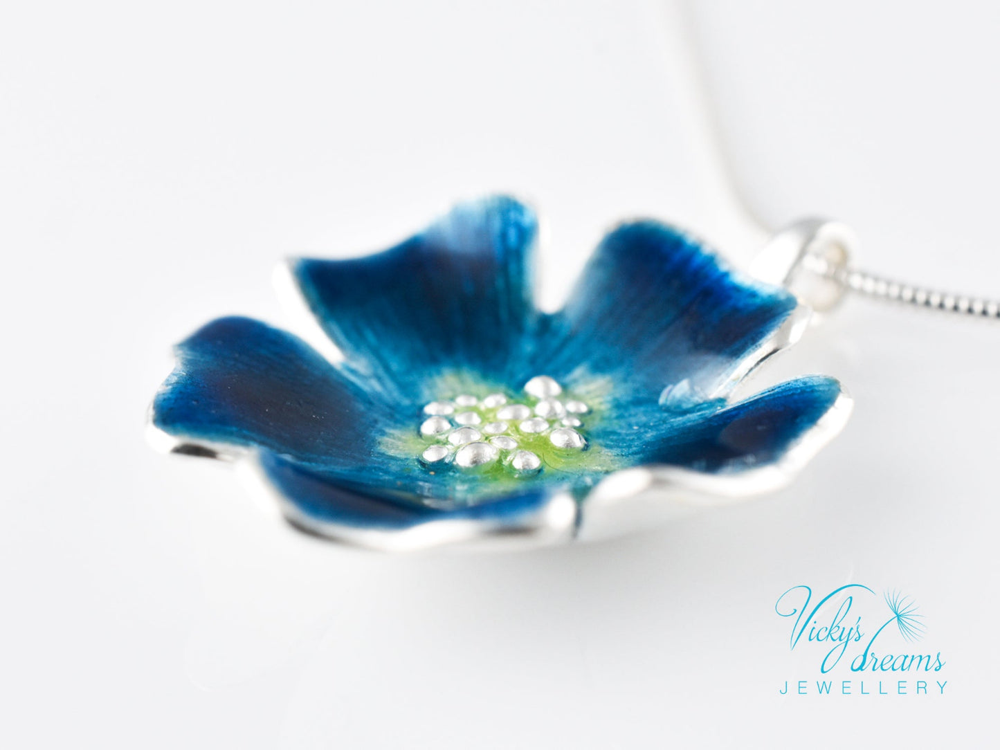 Handmade cloisonné enamel blue flower pendant on sterling silver necklace