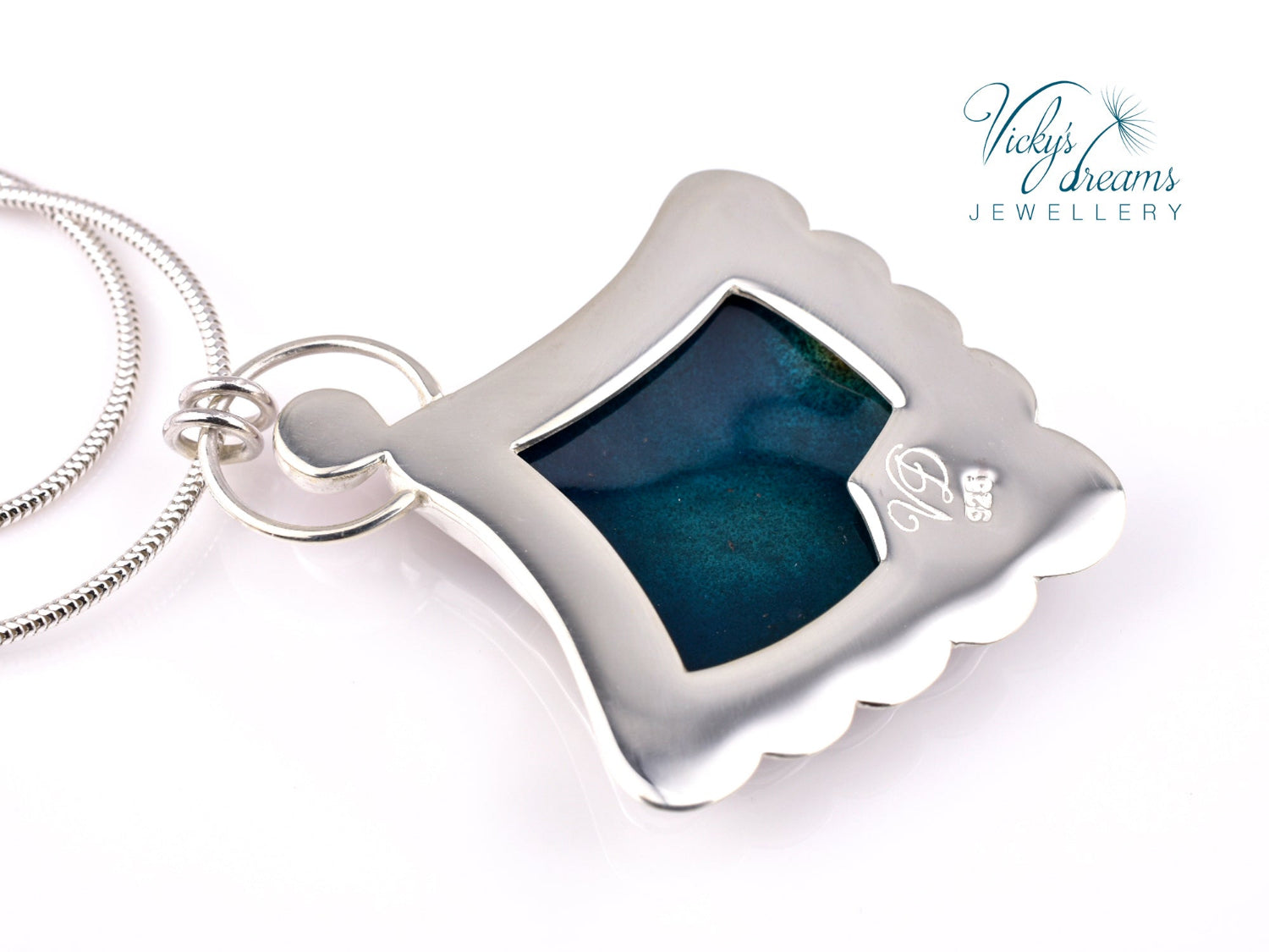 Handmade cloisonné fan-shaped turquoise pendant with pink Tourmaline in sterling silver