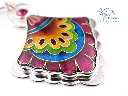 Handmade cloisonné fan-shaped turquoise pendant with pink Tourmaline in sterling silver