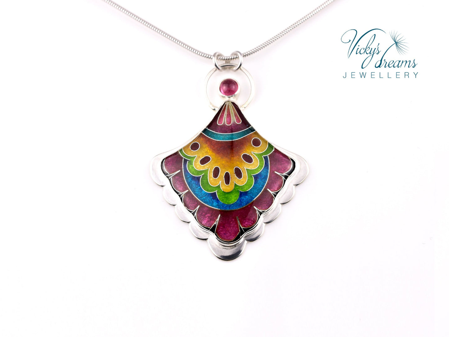 Handmade cloisonné fan-shaped turquoise pendant with pink Tourmaline in sterling silver
