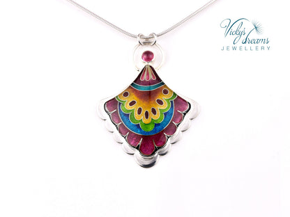 Handmade cloisonné fan-shaped turquoise pendant with pink Tourmaline in sterling silver