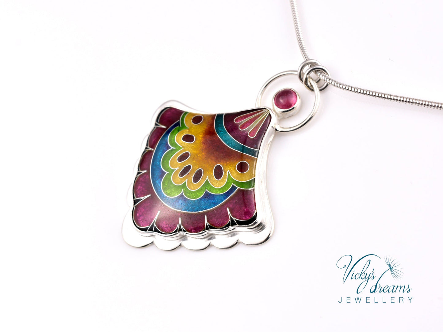 Handmade cloisonné fan-shaped turquoise pendant with pink Tourmaline in sterling silver
