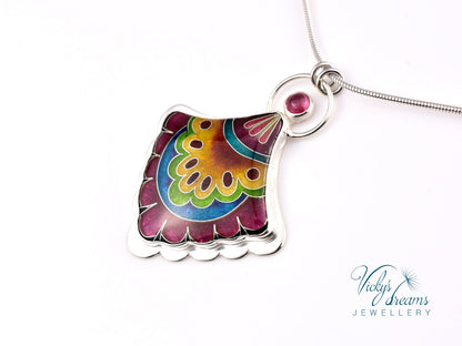 Handmade cloisonné fan-shaped turquoise pendant with pink Tourmaline in sterling silver