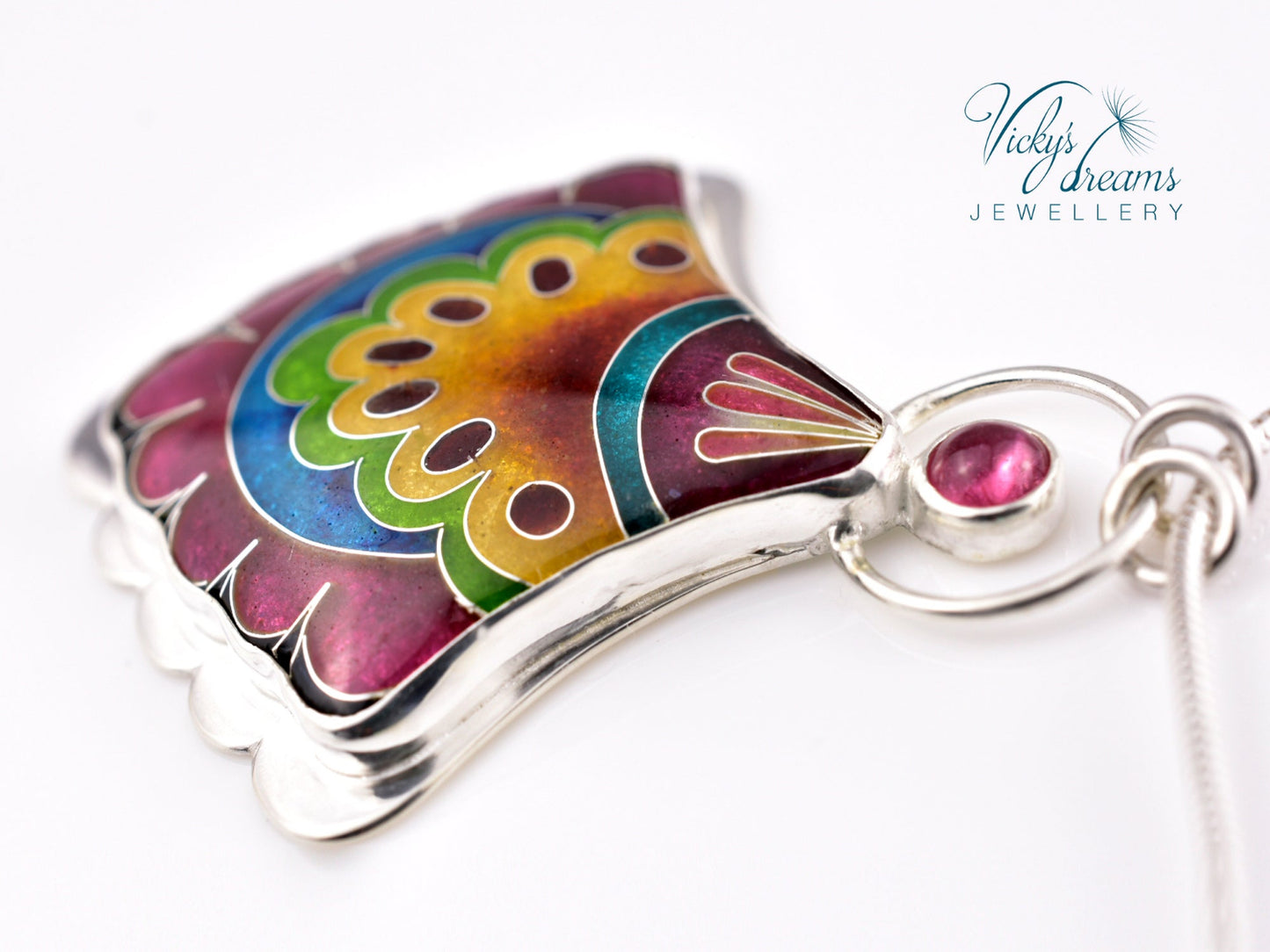 Handmade cloisonné fan-shaped turquoise pendant with pink Tourmaline in sterling silver