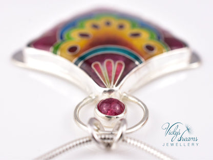 Handmade cloisonné fan-shaped turquoise pendant with pink Tourmaline in sterling silver