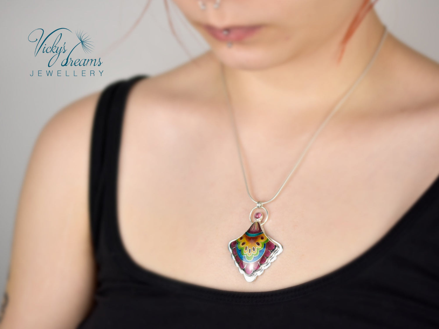 Handmade cloisonné fan-shaped turquoise pendant with pink Tourmaline in sterling silver