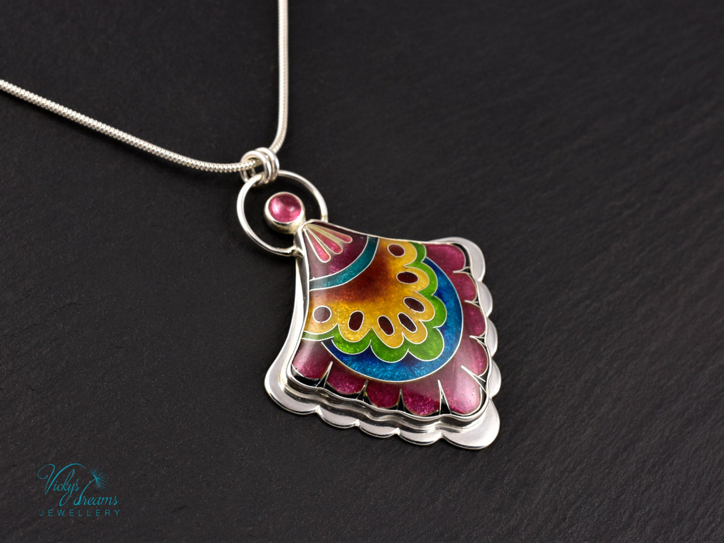 Handmade cloisonné fan-shaped turquoise pendant with pink Tourmaline in sterling silver