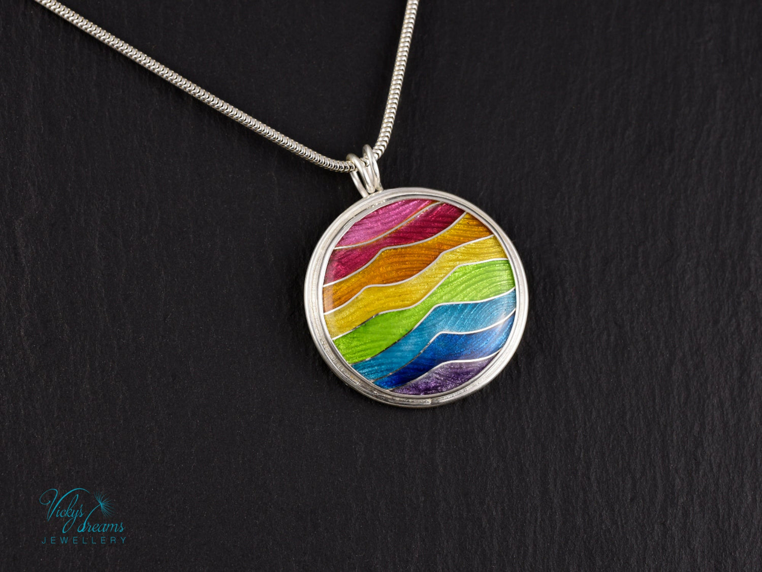 Handmade cloisonné enamel rainbow pendant in sterling silver, vibrant colors, pride jewelry