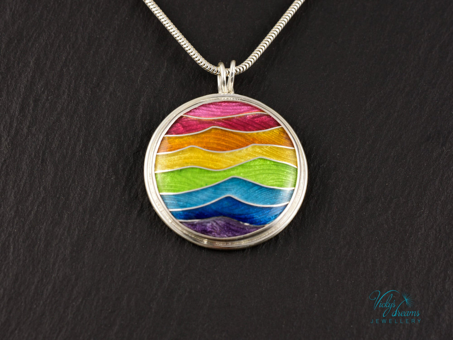 Handmade cloisonné enamel rainbow pendant in sterling silver, vibrant colors, pride jewelry