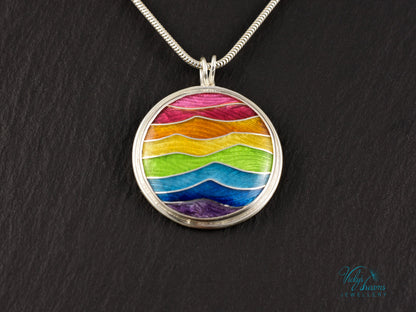 Handmade cloisonné enamel rainbow pendant in sterling silver, vibrant colors, pride jewelry
