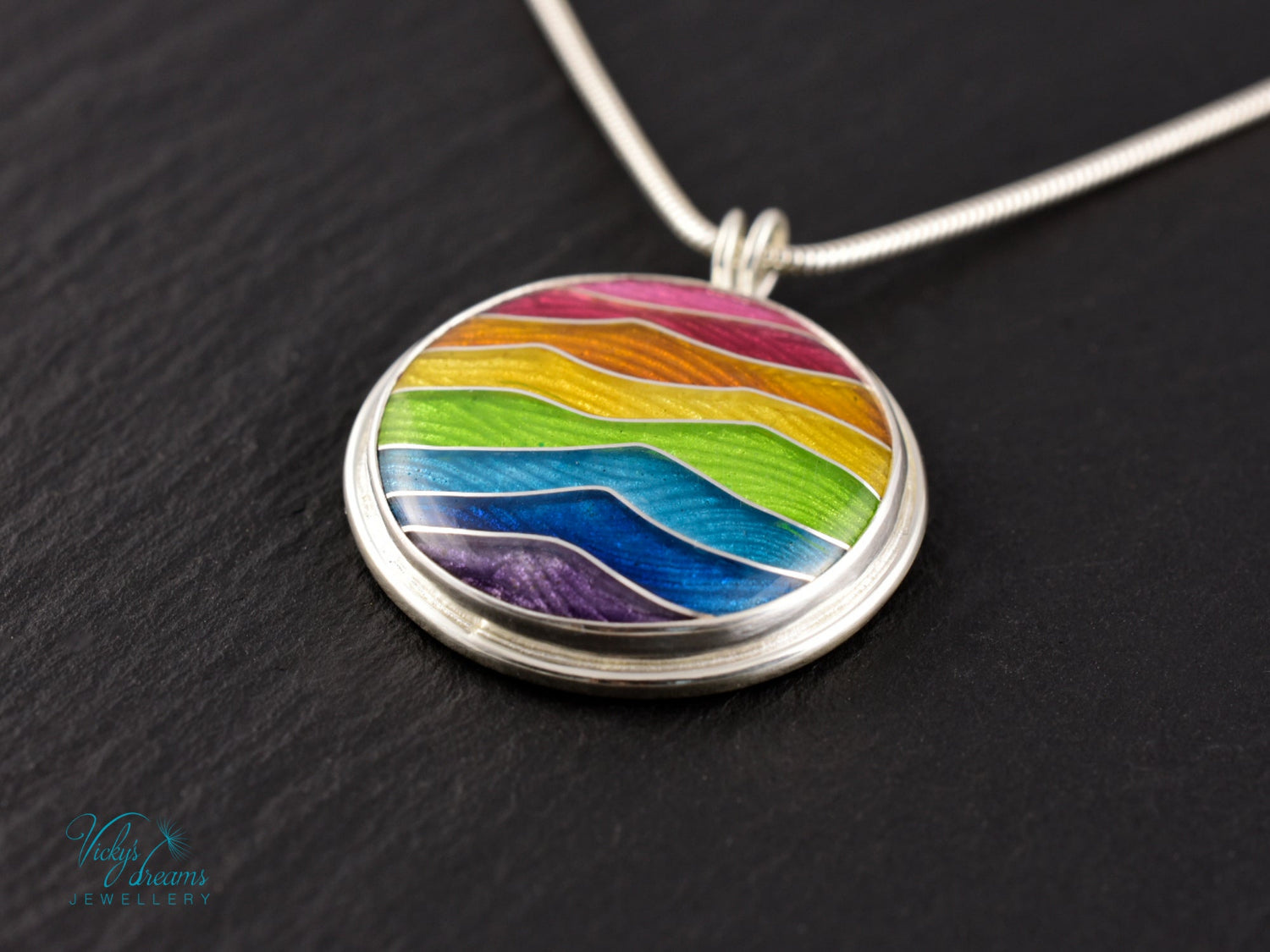 Handmade cloisonné enamel rainbow pendant in sterling silver, vibrant colors, pride jewelry