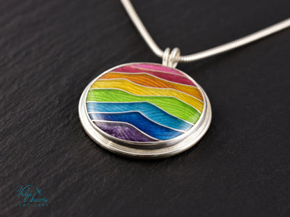 Handmade cloisonné enamel rainbow pendant in sterling silver, vibrant colors, pride jewelry