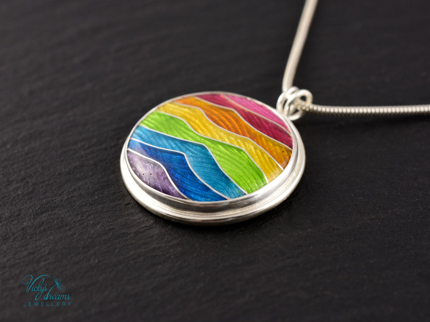 Handmade cloisonné enamel rainbow pendant in sterling silver, vibrant colors, pride jewelry
