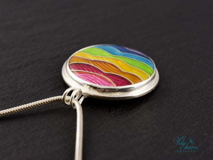 Handmade cloisonné enamel rainbow pendant in sterling silver, vibrant colors, pride jewelry