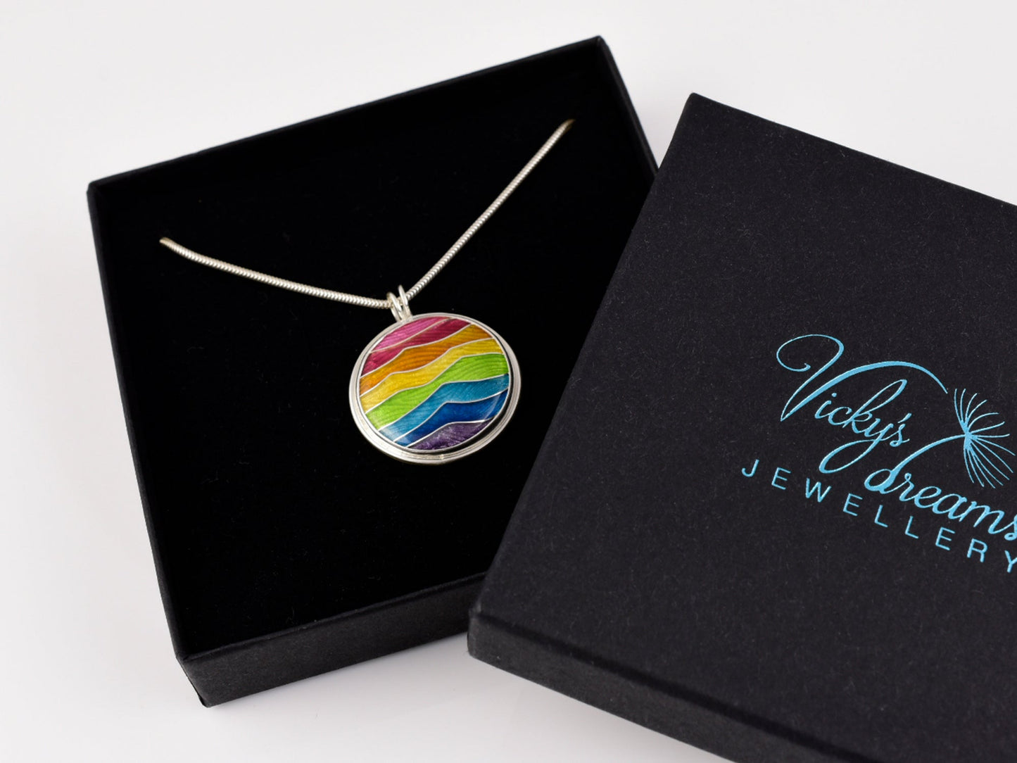 Handmade cloisonné enamel rainbow pendant in sterling silver, vibrant colors, pride jewelry