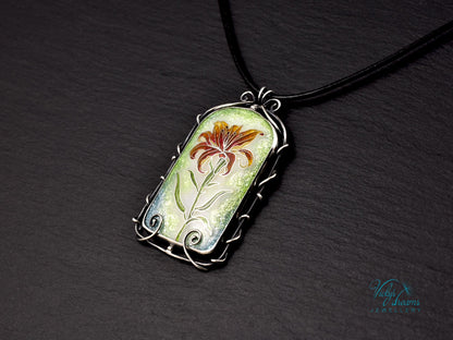 Elegant Fire Lily Enamel Pendant - Handcrafted Nature-Inspired Necklace for Botanical Enthusiasts