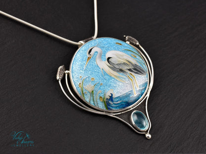 Handmade Cloisonné Enamel Necklace – Graceful Heron with Paraiba Apatite and Sterling Silver