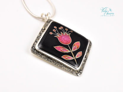 Delicate Pink Flower Cloisonne Pendant Necklace - Minimalist Enamel Sterling Silver Jewelry for Quiet Elegance