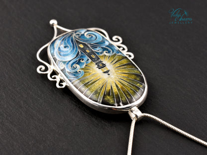 Handmade cloisonné lighthouse pendant necklace in sterling silver