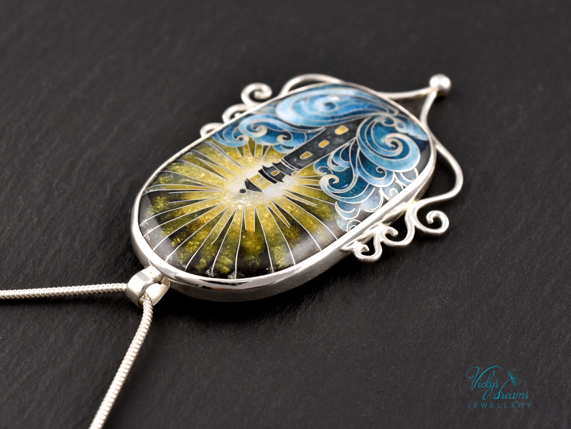 Handmade cloisonné lighthouse pendant necklace in sterling silver