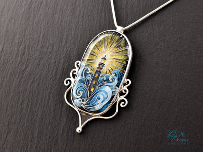Handmade cloisonné lighthouse pendant necklace in sterling silver