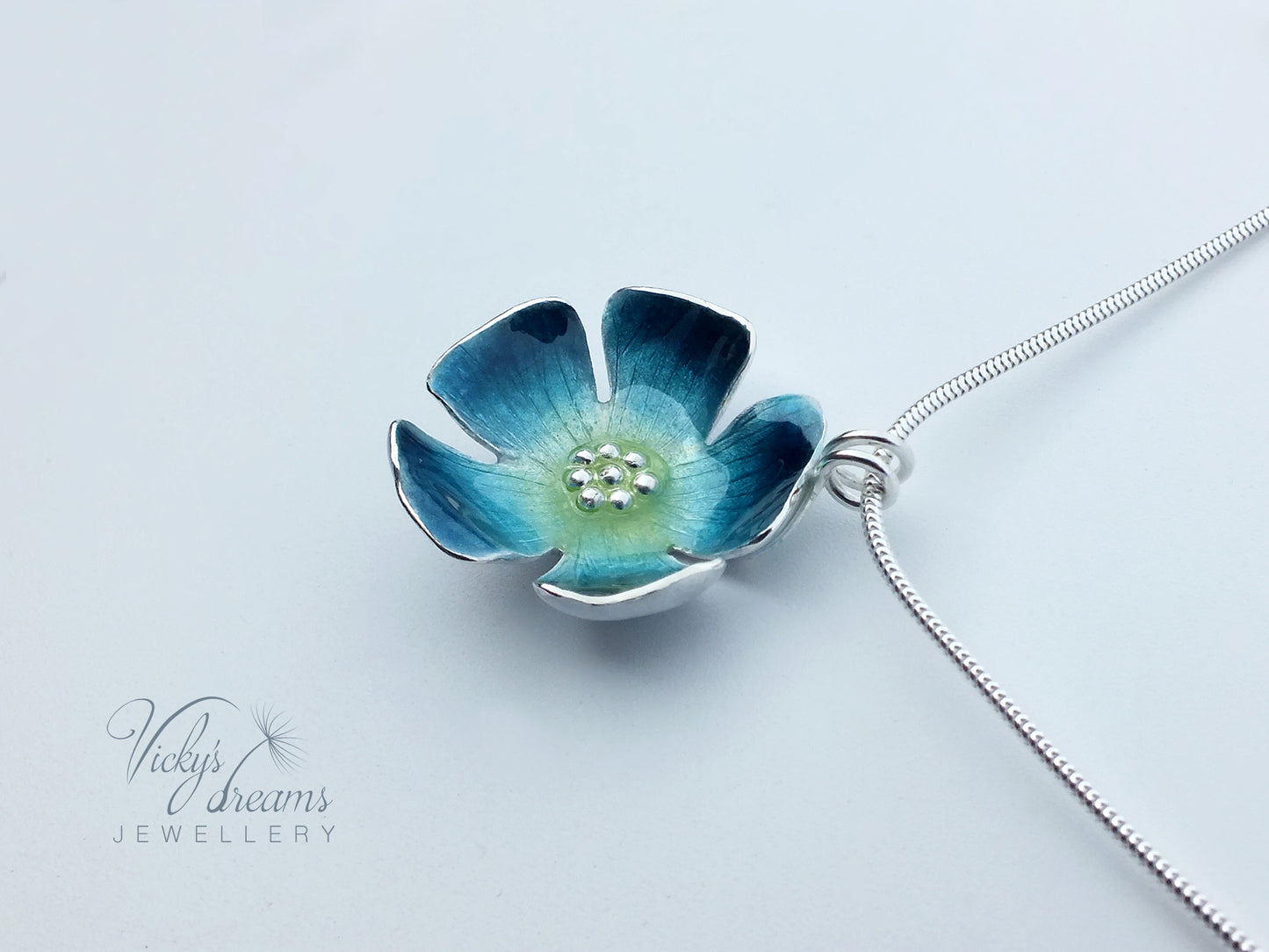 Bright blue flower, fine silver pendant, handmade enamel jewelry