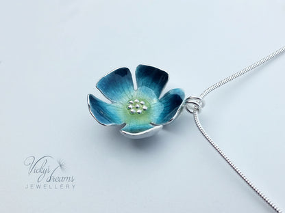 Bright blue flower, fine silver pendant, handmade enamel jewelry
