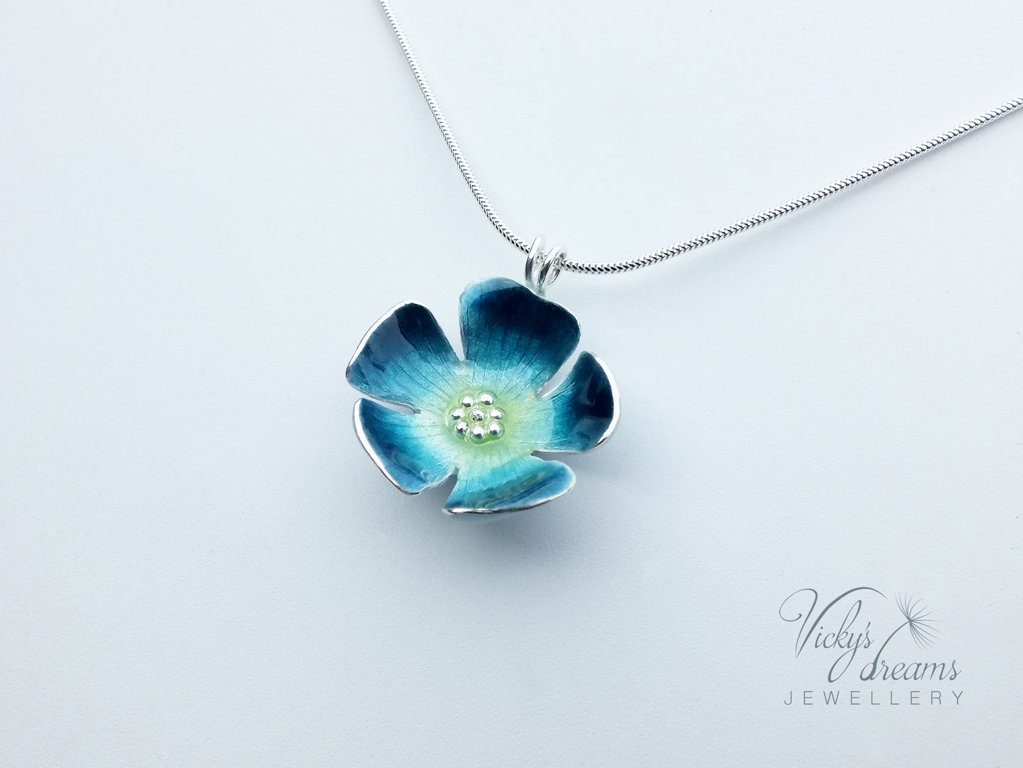 Bright blue flower, fine silver pendant, handmade enamel jewelry