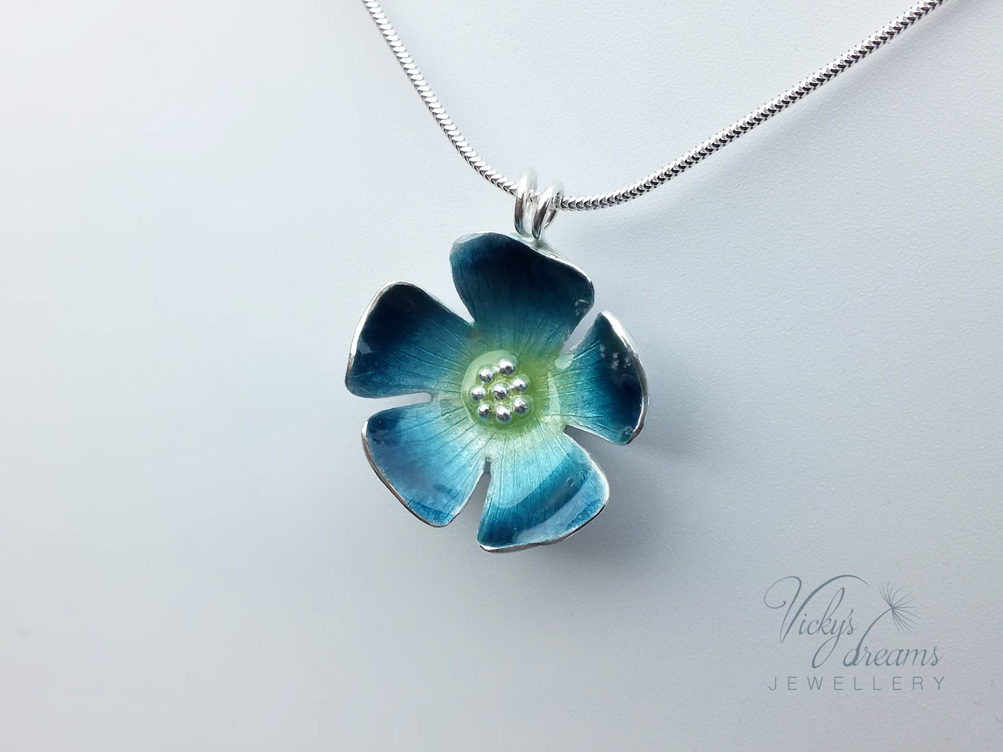 Bright blue flower, fine silver pendant, handmade enamel jewelry