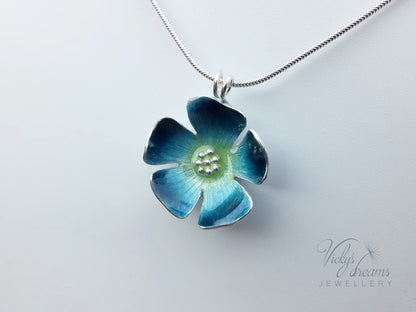 Bright blue flower, fine silver pendant, handmade enamel jewelry