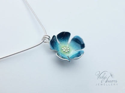 Bright blue flower, fine silver pendant, handmade enamel jewelry
