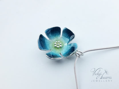 Bright blue flower, fine silver pendant, handmade enamel jewelry
