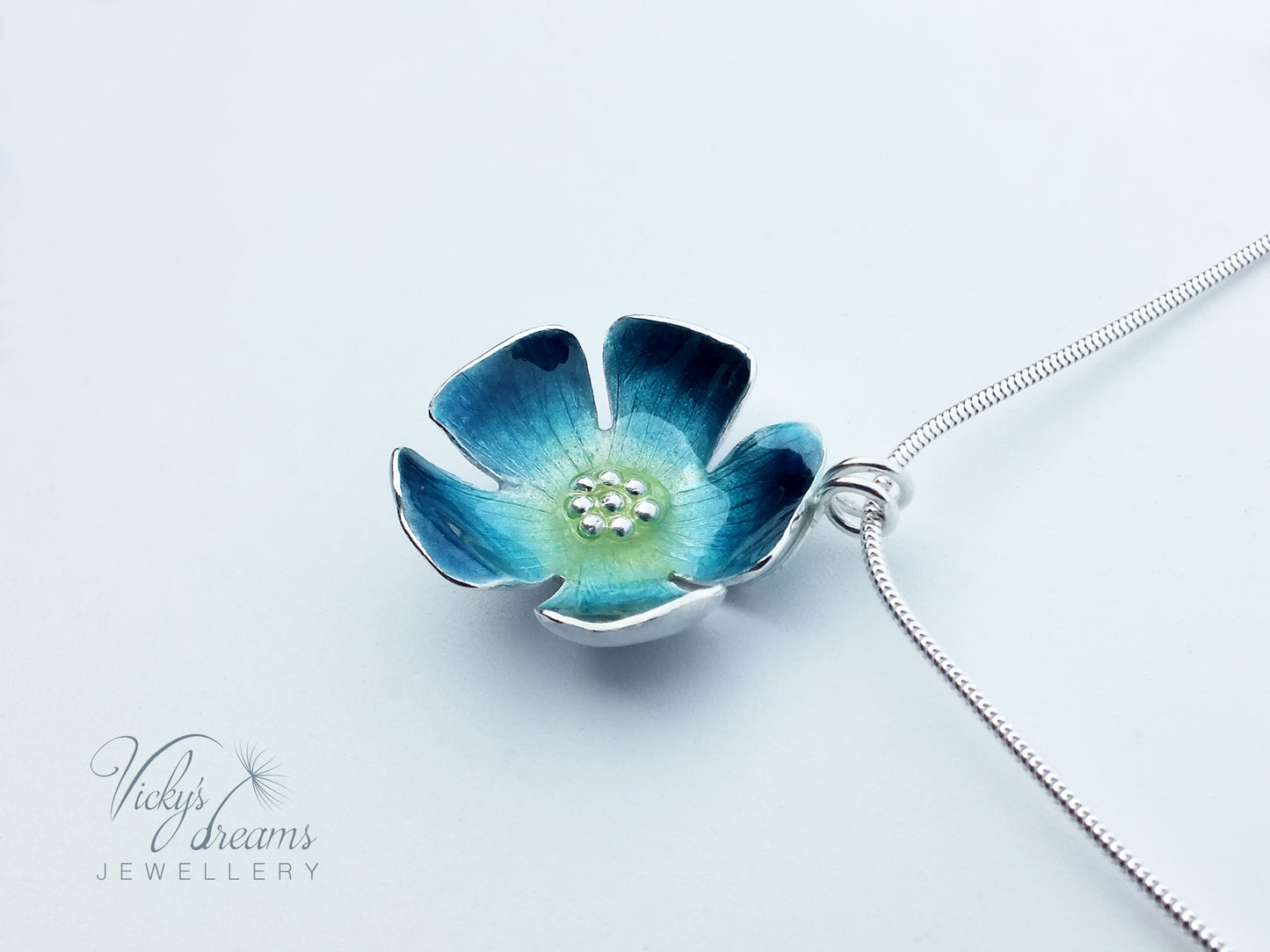 Bright blue flower, fine silver pendant, handmade enamel jewelry