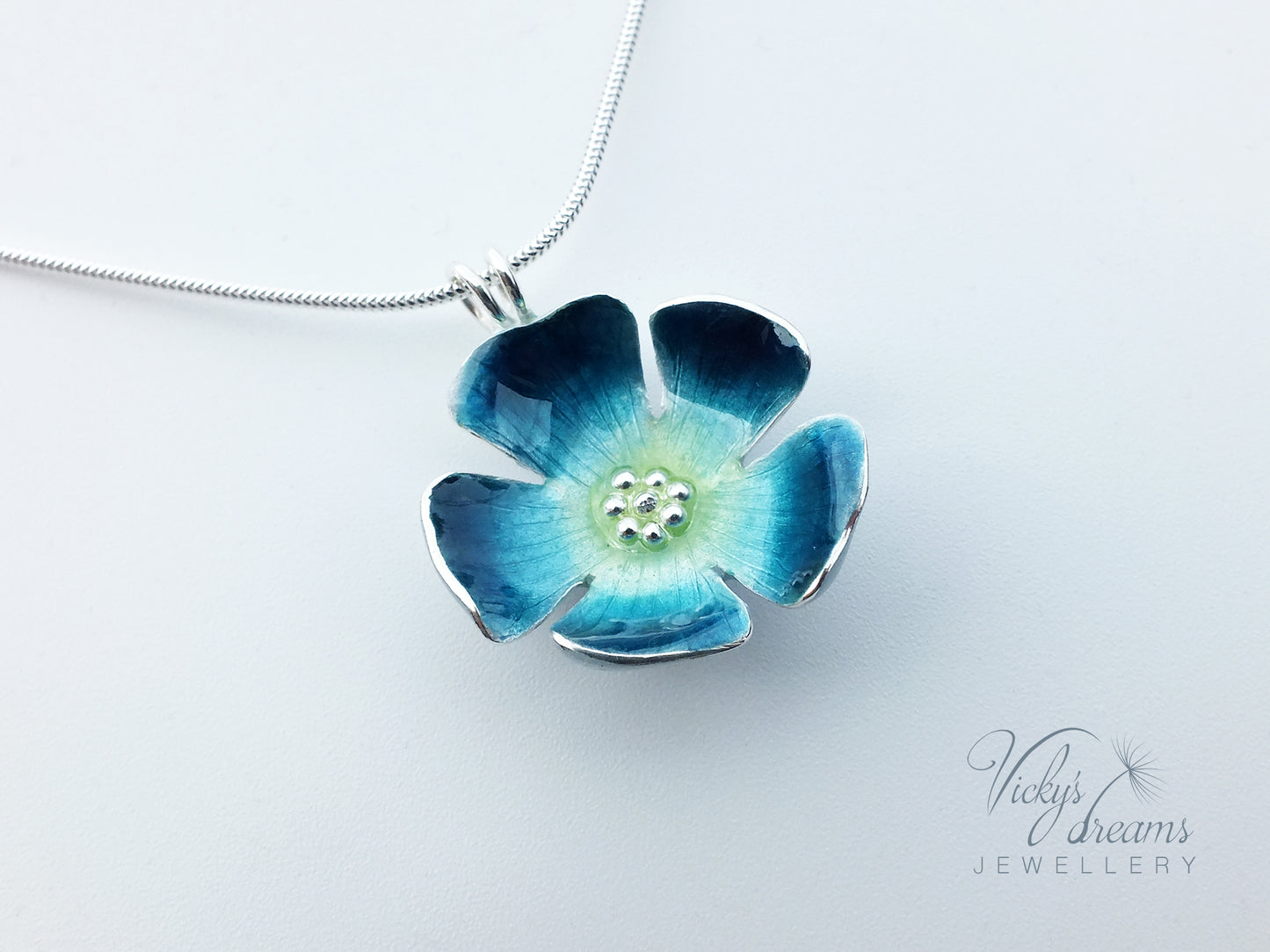 Bright blue flower, fine silver pendant, handmade enamel jewelry