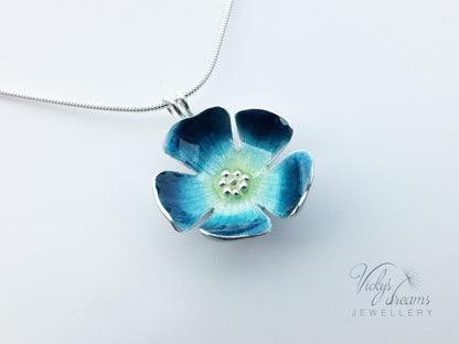 Bright blue flower, fine silver pendant, handmade enamel jewelry