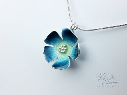 Bright blue flower, fine silver pendant, handmade enamel jewelry