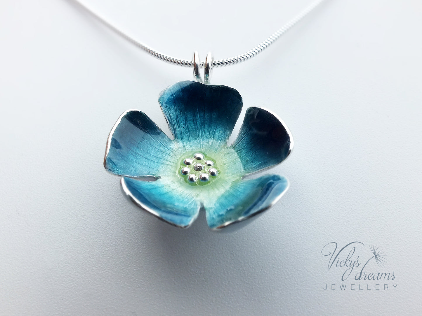 Bright blue flower, fine silver pendant, handmade enamel jewelry