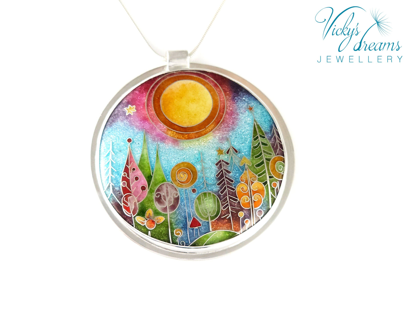Handmade sterling silver cloisonné enamel pendant featuring a dreamlike forest with stylized trees, flowing lines, spiral motifs, and subtle stars